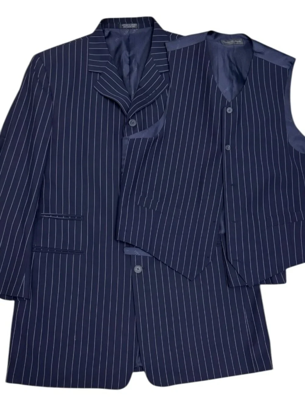 VITTORIO ST ANGELO Pinstripe Luxury Designer 3-Piece Blue Business Suit Mens 44R